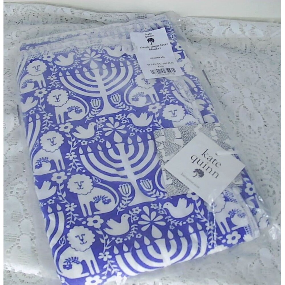 Kate Quinn Classic Single Layer Bamboo Baby Blanket Blue w/Menorahs Jewish NEW